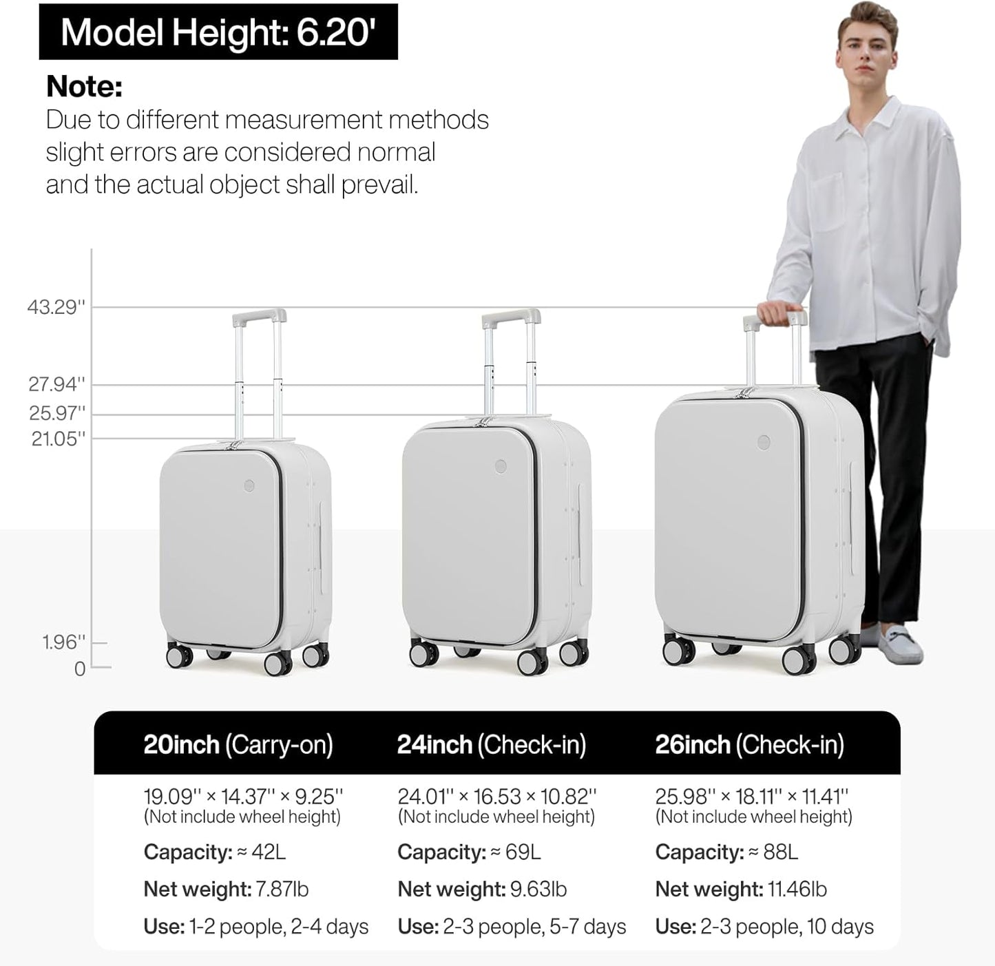 mixi 26 Inch Large Checked Luggage PC Hard Shell Suitcase Top Opening Aluminum Frame Travel Suitcases with Wheels, Smoke White