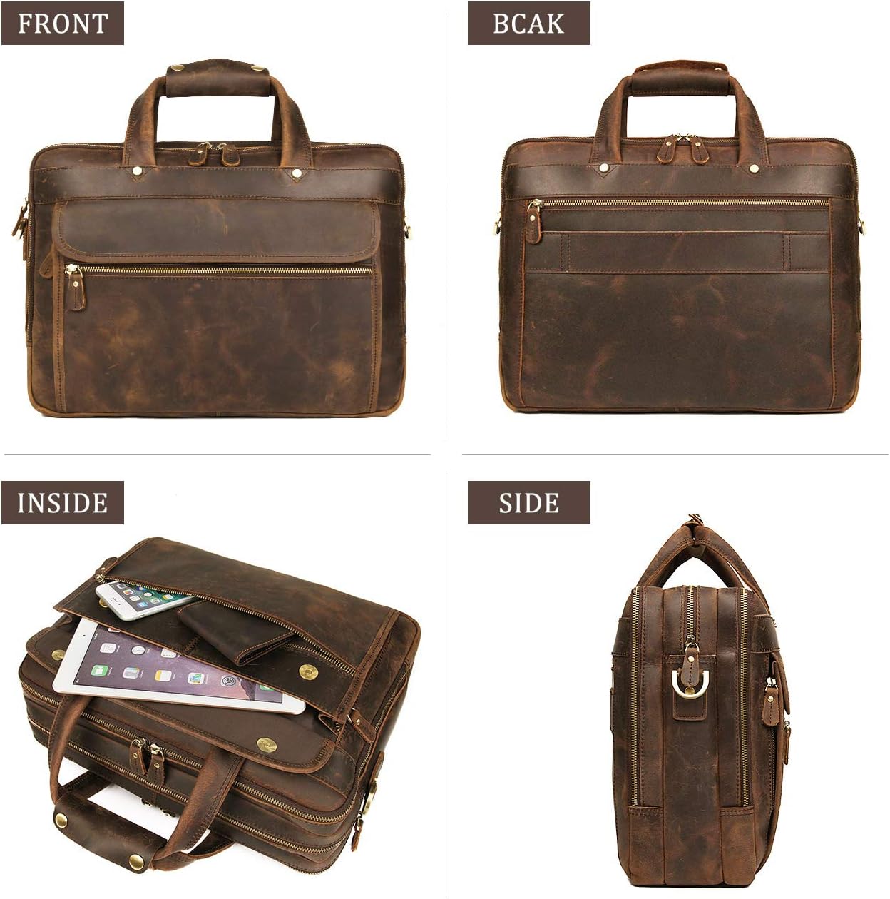 Augus Leather Briefcase for Men Business Travel Messenger Bags 15.6 Inch Laptop Bag YKK Metal