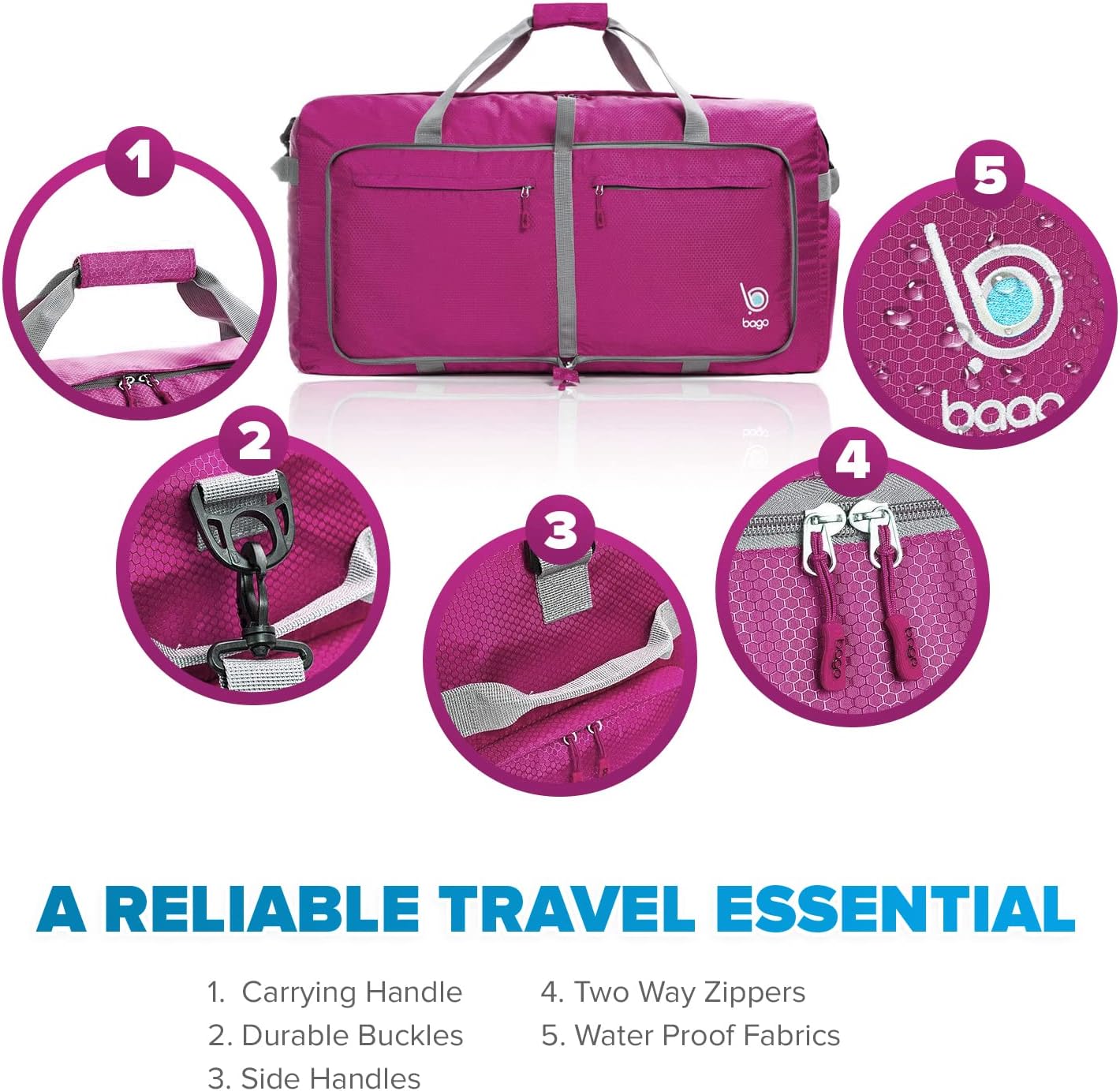 Bago Large Foldable Duffel Bags for Traveling Women & Men - 100L Packable Duffle Bag for Travel with Shoe Compartment - Water Repellant, Heavy Duty, Lightweight Folding & Collapsible (Pink)