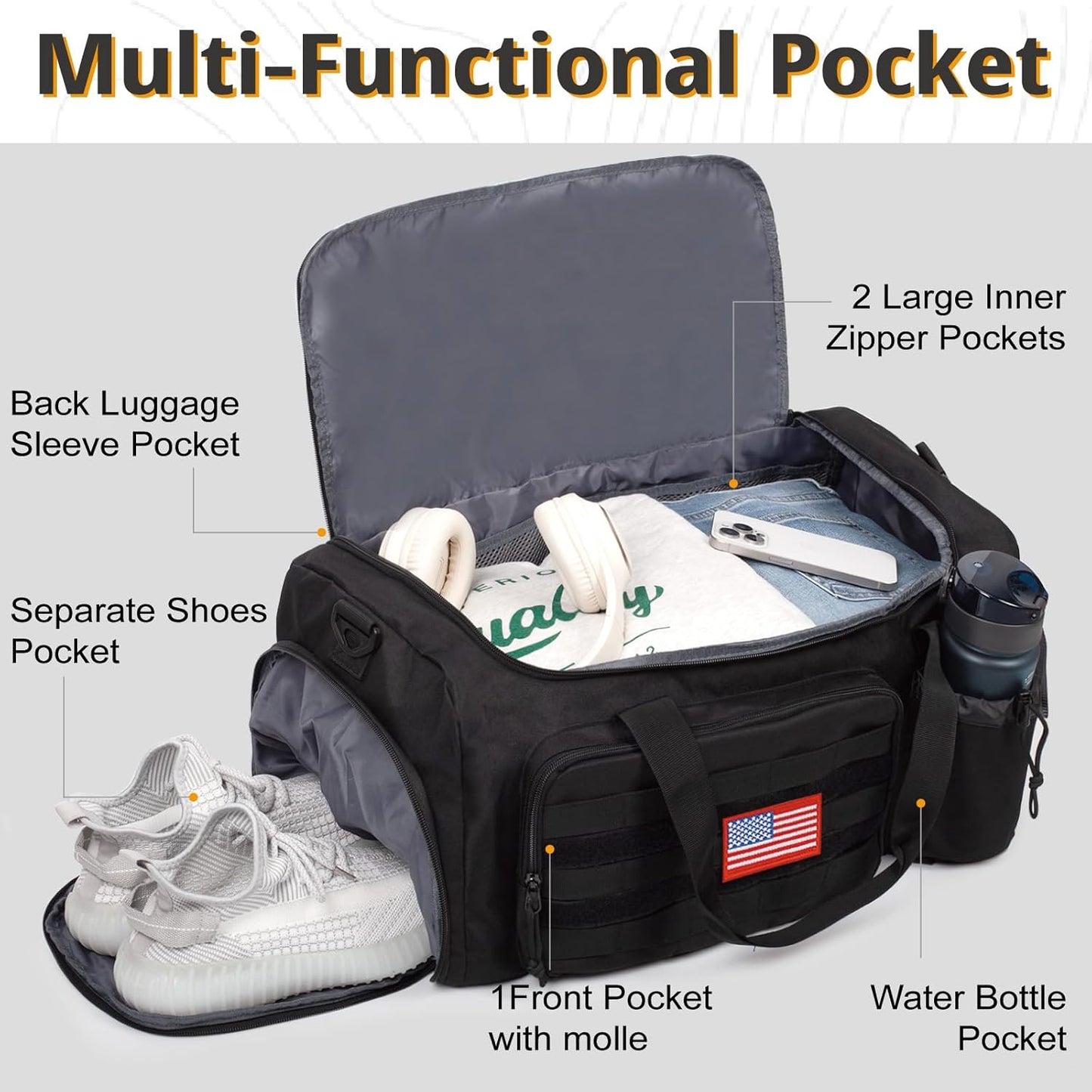 Tactical Gym Bag for Men, 60L Large Capacity Duffle Bags with Shoes Compartment, Sports Bag with wet compartment, Multi-functional Weekend Bags Suitable for Travel, Camping,hiking
