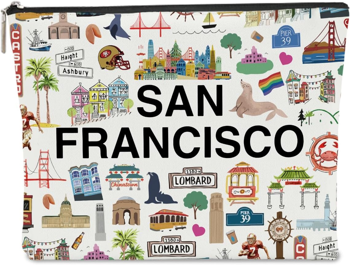 San Francisco Themed Makeup Bag - San Francisco Souvenirs Gift for Women, Best Friend, Sister - Travel Friendly Cosmetic Bag, Birthday Christmas Gifts