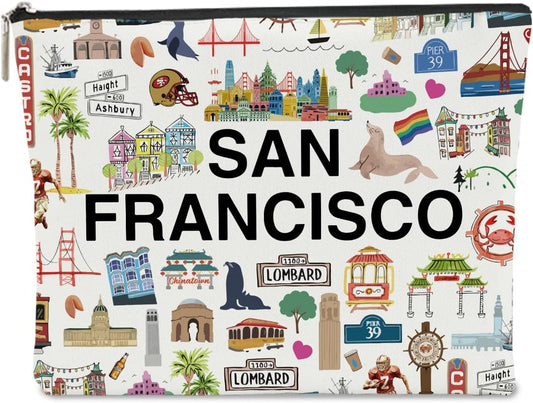 San Francisco Themed Makeup Bag - San Francisco Souvenirs Gift for Women, Best Friend, Sister - Travel Friendly Cosmetic Bag, Birthday Christmas Gifts