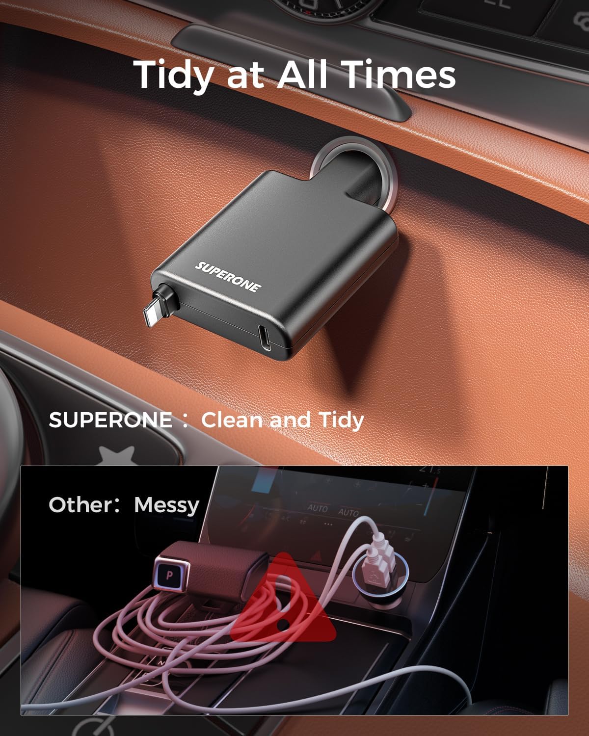 [Ultra Compact] SUPERONE iPhone Retractable Car Charger, Smaller Size Fast Car Charger Adapter with Retractable Apple Cable, Car Chargers for Apple iPhone 14 13 12 11 Pro/XS/XR/Mini/X/iPad/AirPods