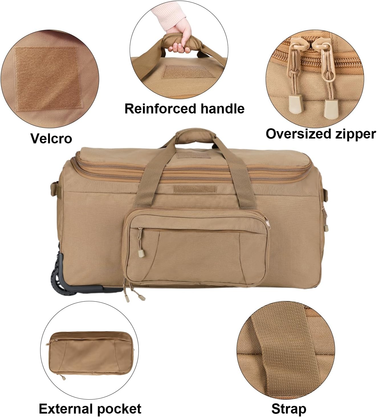 Military Wheeled Deployment Bag Large Tactical Heavy Duty Duffel Bag for Camping Hiking (Tan)
