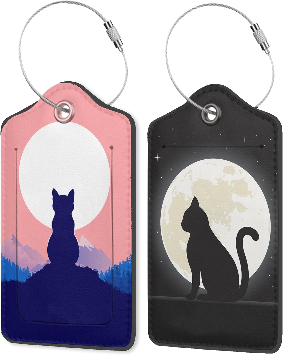 Black Cat The Night Sky 2 Pack PU Leather Luggage Tags for Suitcase, Calm Cat on Hilltop Travel Tag with Privacy Flap, Name ID Label and Metal Loop for Women Men Baggage