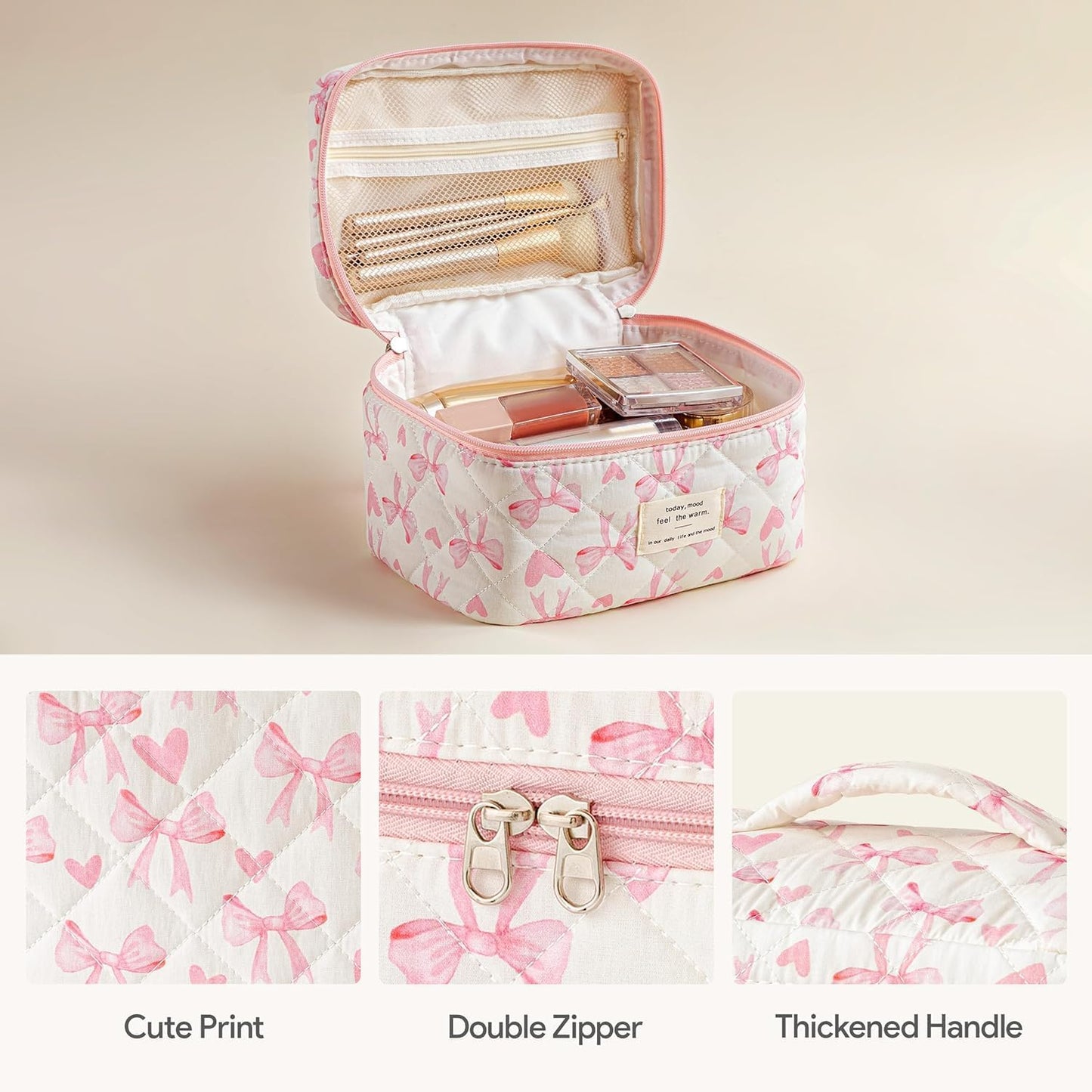 HBselect Quilted Makeup Bag, 3PCS Cotton Large Travel Makeup Bag, Cute Floral Coquette Make up Bag Cosmetic Bag Toiletry Bag for Women Girls