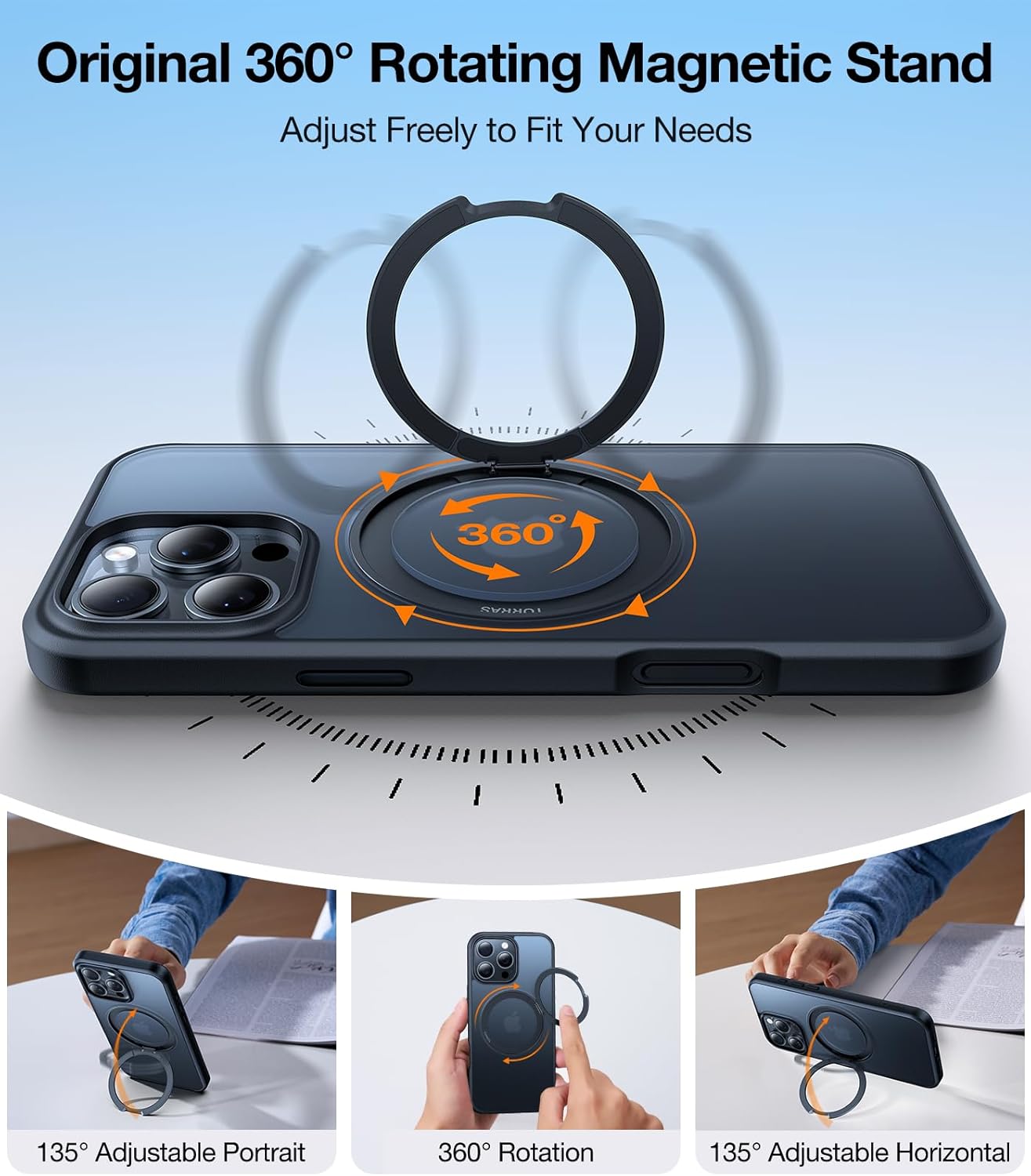 TORRAS Upgraded 360 Rotatable Magnetic Ring for iPhone 16 Pro Max Case, Fit for MagSafe with Stand Ring Holder, 16FT Mil-Grade Shockproof Translucent for iPhone 16 Pro Max Phone Case Ostand, Black