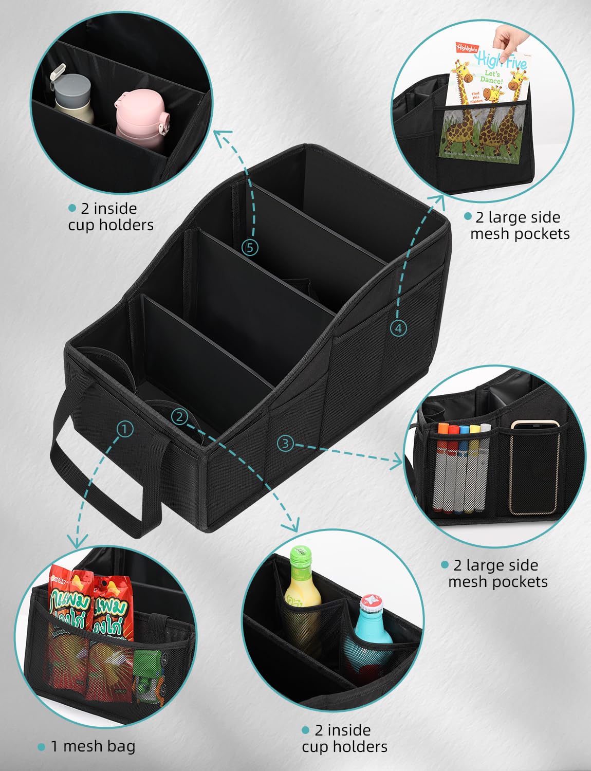 YOHOOLYO Car Seat Organizer with 4 Compartments, 4 Cup Holders