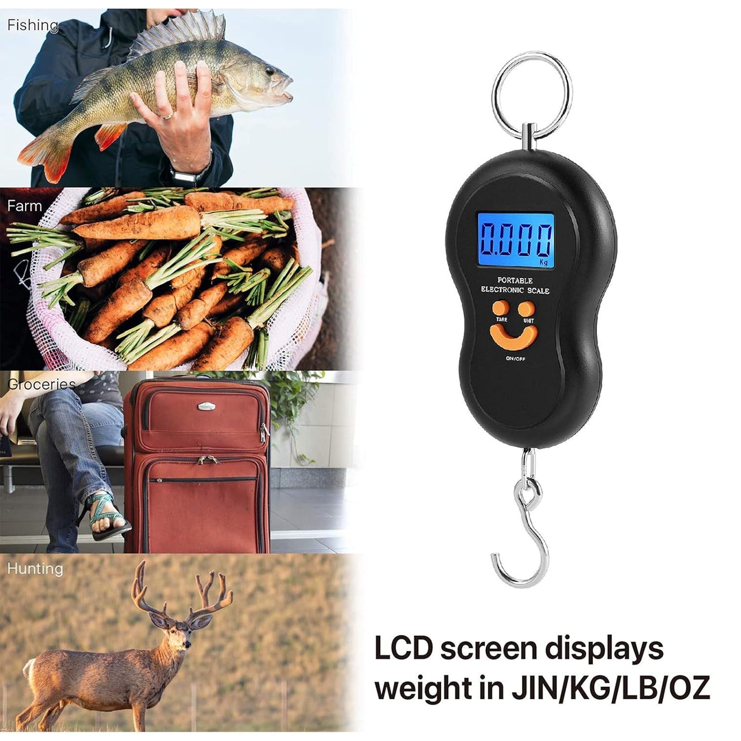 Electronic Fish Scale with Backlit LCD Display, Digital Portable Hanging Luggage Scale 110lb/50kg for Home and Outdoor, 2 AAA Batteries Included