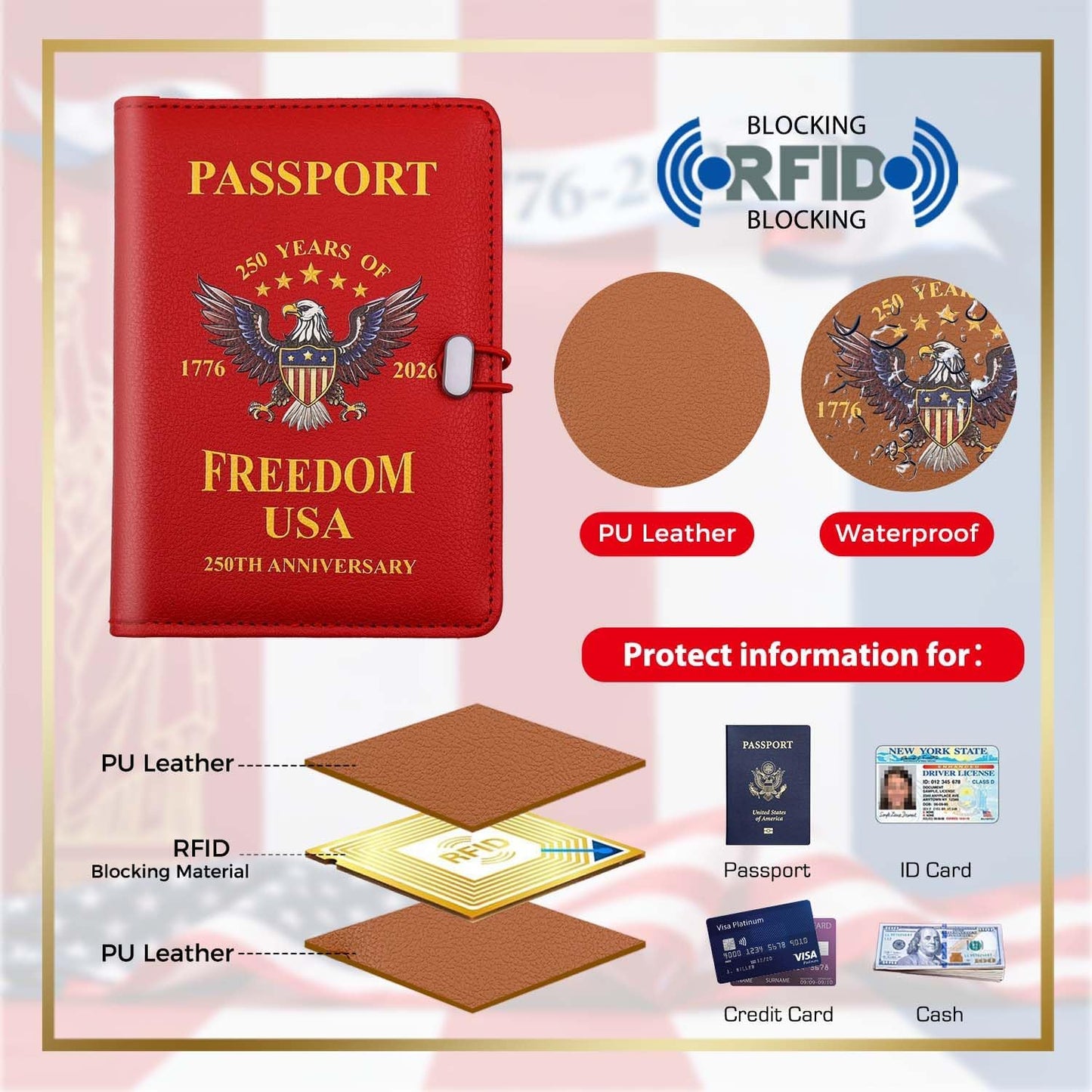Melsbrinna Passport Holder for Travel,United States 250th Anniversary Passport Holder,Passport Cover Case for Travel,RFID Blocking Travel Wallet Holders for Women and Men (Red)