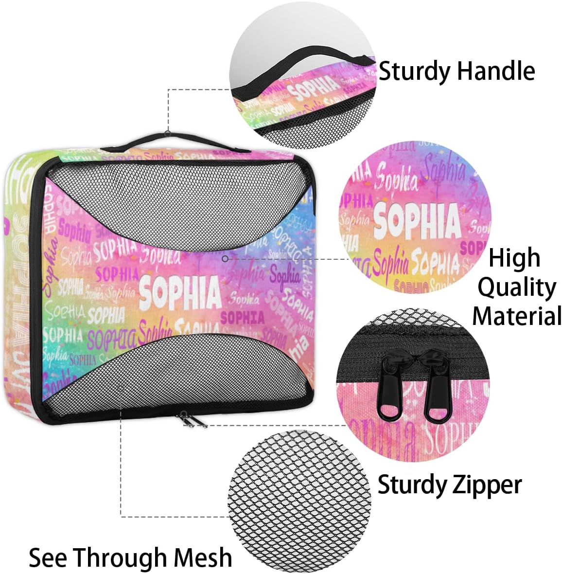 Personalized Name 4 Set Packing Cubes Luggage Packing Organizers Travel Accessories for Women Girls, Colorful Pink Watercolor