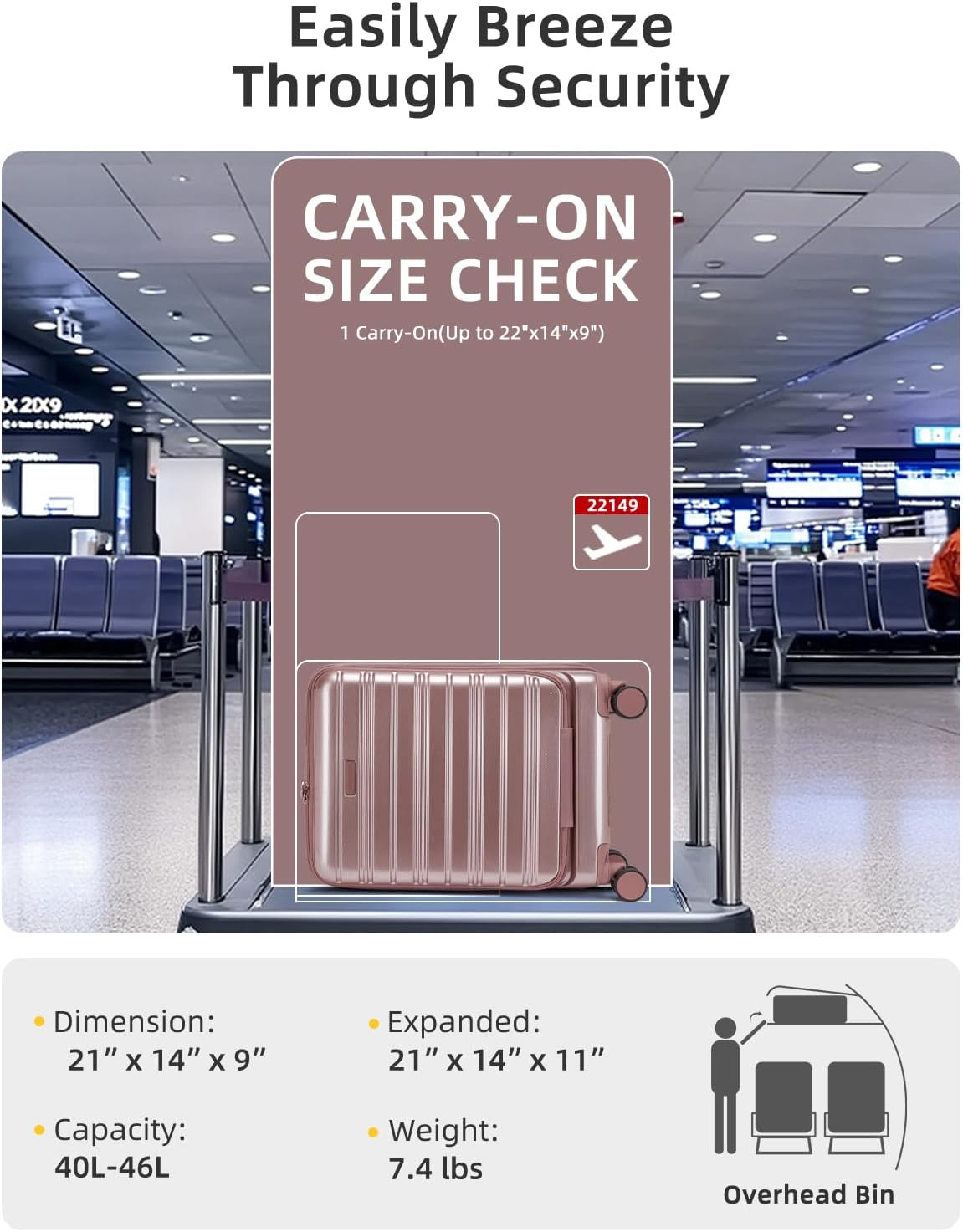 LARVENDER Carry On Luggage 22x14x9 Airline Approved, 20 Inch Expandable PC+ABS Hardside Carry On Luggage with Front Pocket Spinner Wheels TSA Lock for Women Men (Rose Gold)