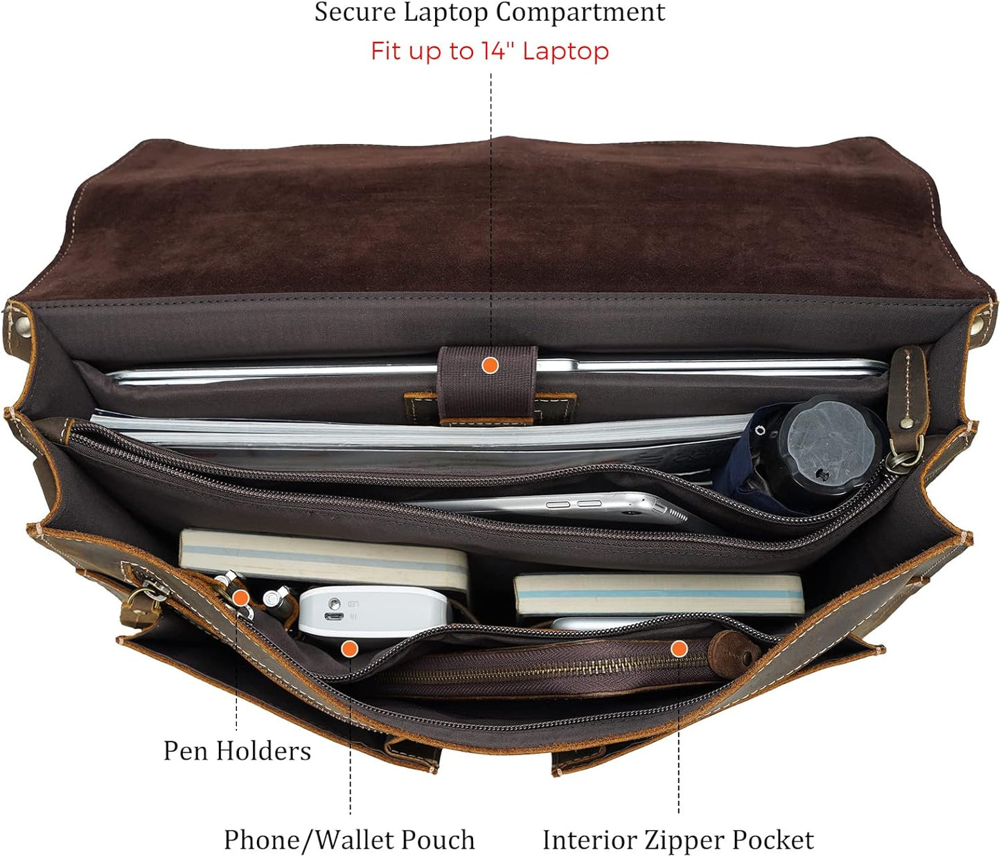 Polare 16" Full Grain Leather Messenger Bag Laptop Briefcase Bag Professional Work Bag For Men with YKK Zippers