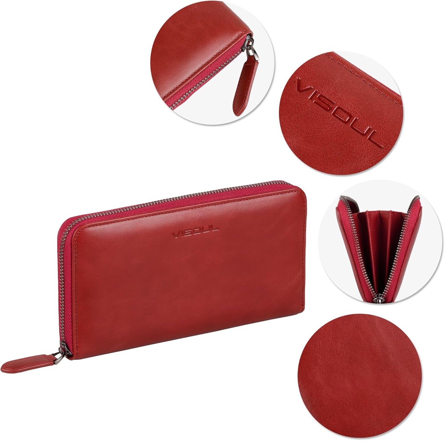 VISOUL Leather Long Zipper Pouch Wallet for Men and Women with RFID Blocking, Large Clutch Cash Long Wallet with Zipper (Burgundy)