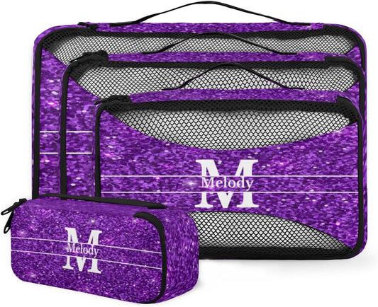 Custom Name 4 Pcs set travel luggage organizer Mesh Travel Essentials for Suitcases, Purple Sequins