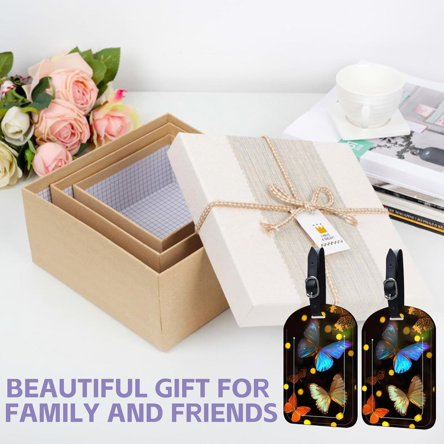 2 Pack Luggage Tags Tropical Butterflies PU Leather Baggage Handbag Suitcase Tags with Secure Strap Privacy Cover ID Labels,Business Travel Baggage Tag Identifier