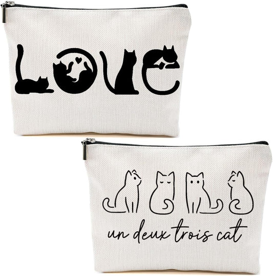 2pcs Cute Cat Themed Gifts Makeup Bags for Women, Cute Cats Minimalism Cosmetic Bag Travel Zipper Pouch for Sister Bestie, Christmas Birthday Gifts for Women Girls Cat Mom, Black and White Cats