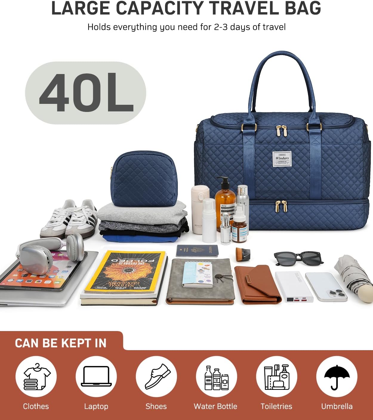 Travel Duffle Bag, Weekender Bags for Women with Shoe Compartment, Overnight Bag with Toiletry Bag, Carry On Duffel Bags For Airplanes, Yoga Gym Duffel Bag, Navy