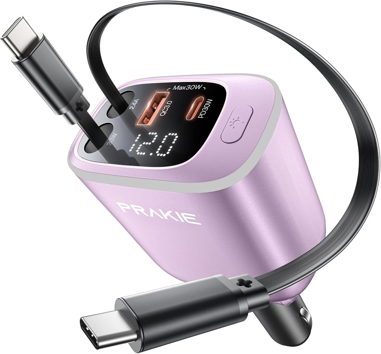 Car Charger, USB C Cable Fast Charging USB C iPhone Charger, Cigarette Lighter Adapter with Retractable 2 USBC Cables 30 Inch and 2 USB Ports, Multi Port Car Charging for iPhone 17/16/15/Pro Max-Pink