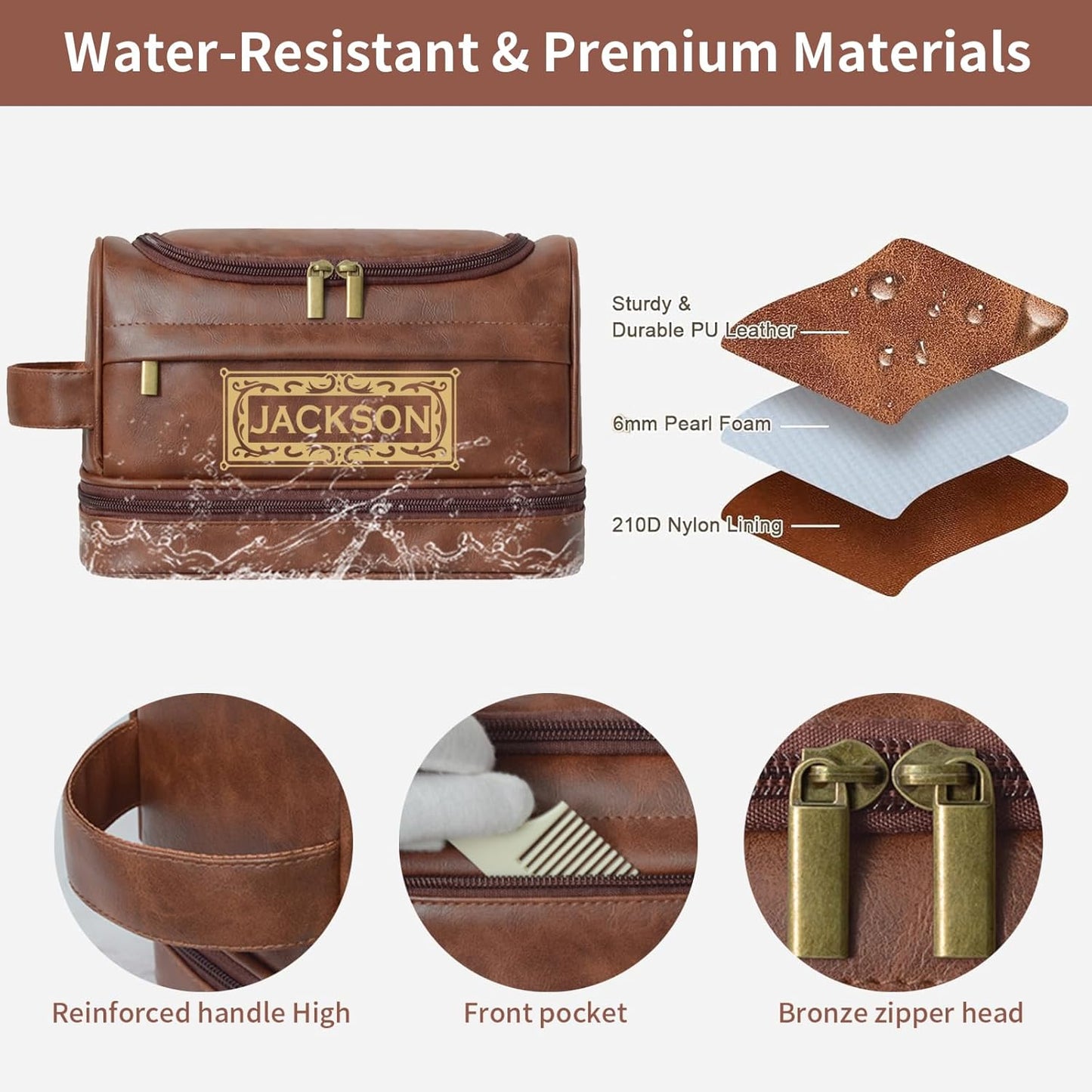 Personalized Toiletry Bag For Men, Large Capacity Travel Doop Kit, Vintage Color PU Leather, Custom Name Initials, Gifts for Dad, Husband, Boyfriend, Groomsmen, Birthday (Style 3)