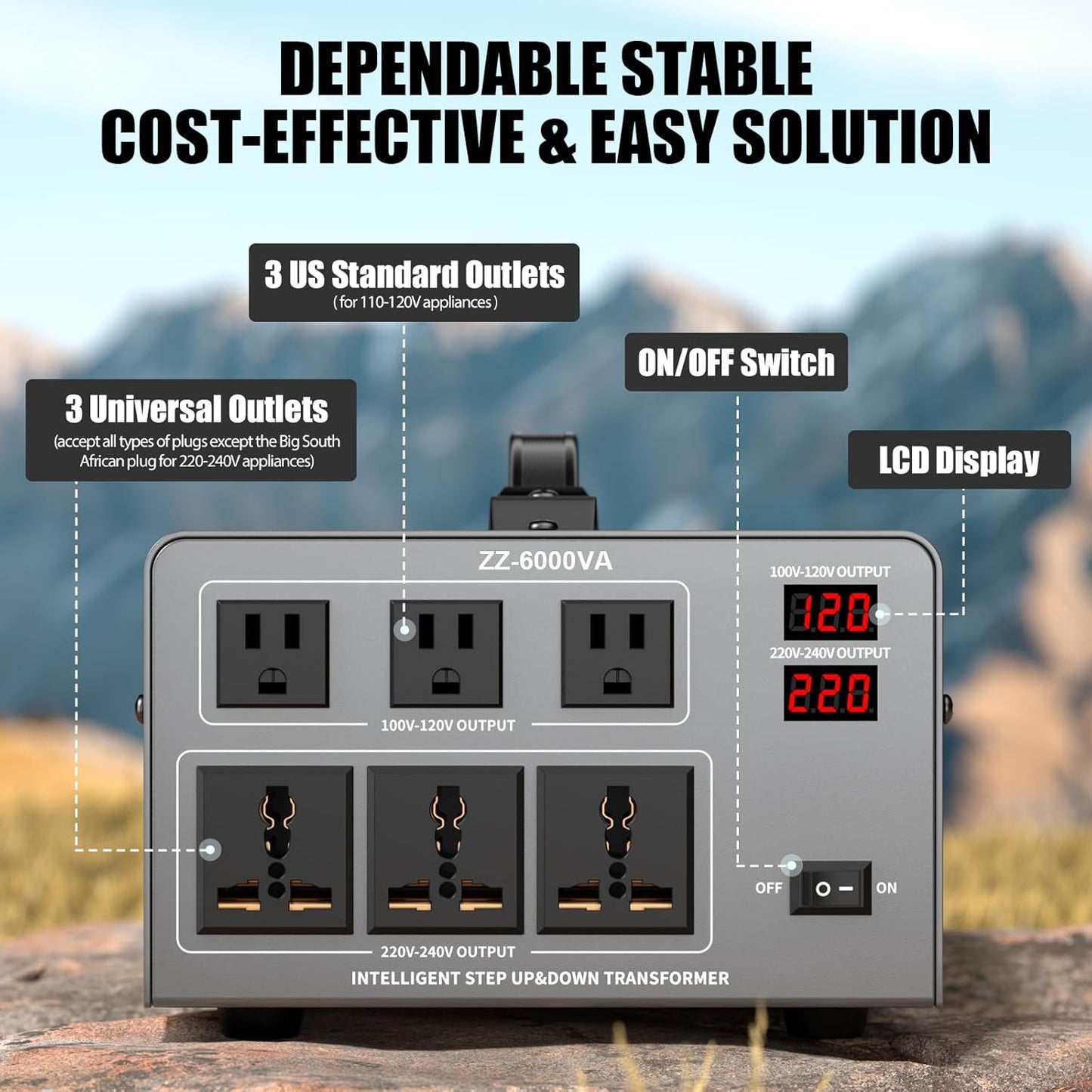 6000W Voltage Auto Converter Transformer, Heavy Duty Step Up/Down Power Converter 110/120/220/240V with 3 US Outlets,3 Universal Outlets,LED Display,w/US Standard Power Cord Circuit Breaker Protection