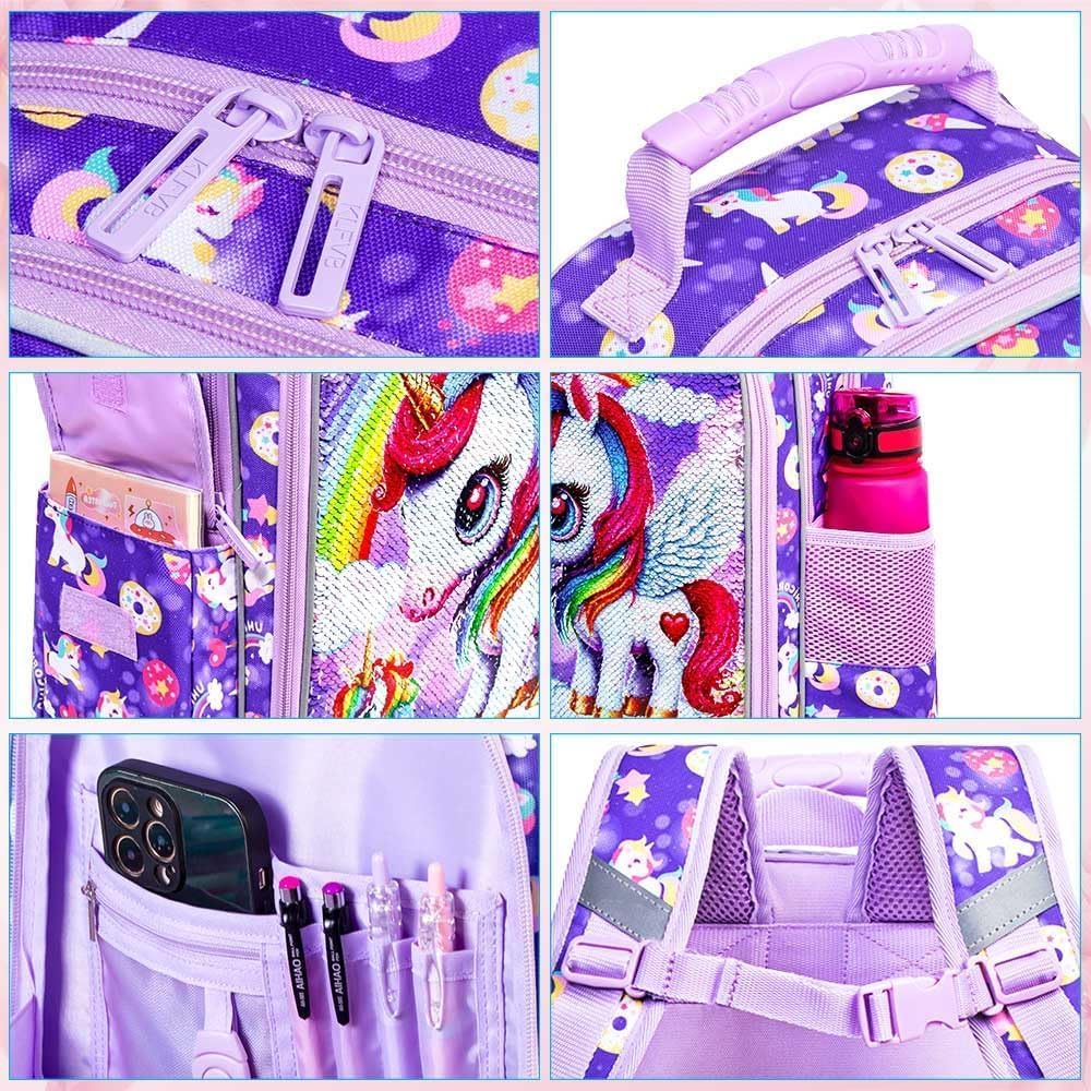 UFNDC 3PCS Unicorn Backpack for Girls, 16”Kids Sequin Bookbag with Lunch Box, Water Resistant