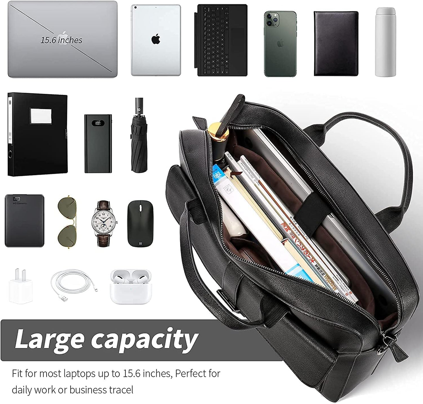 ESTARER Laptop Briefcase 15.6 Inch, Men’s Briefcase for Business/Travel, Leather Computer Office Work Bag, Water Resistant Laptop Bag, Black
