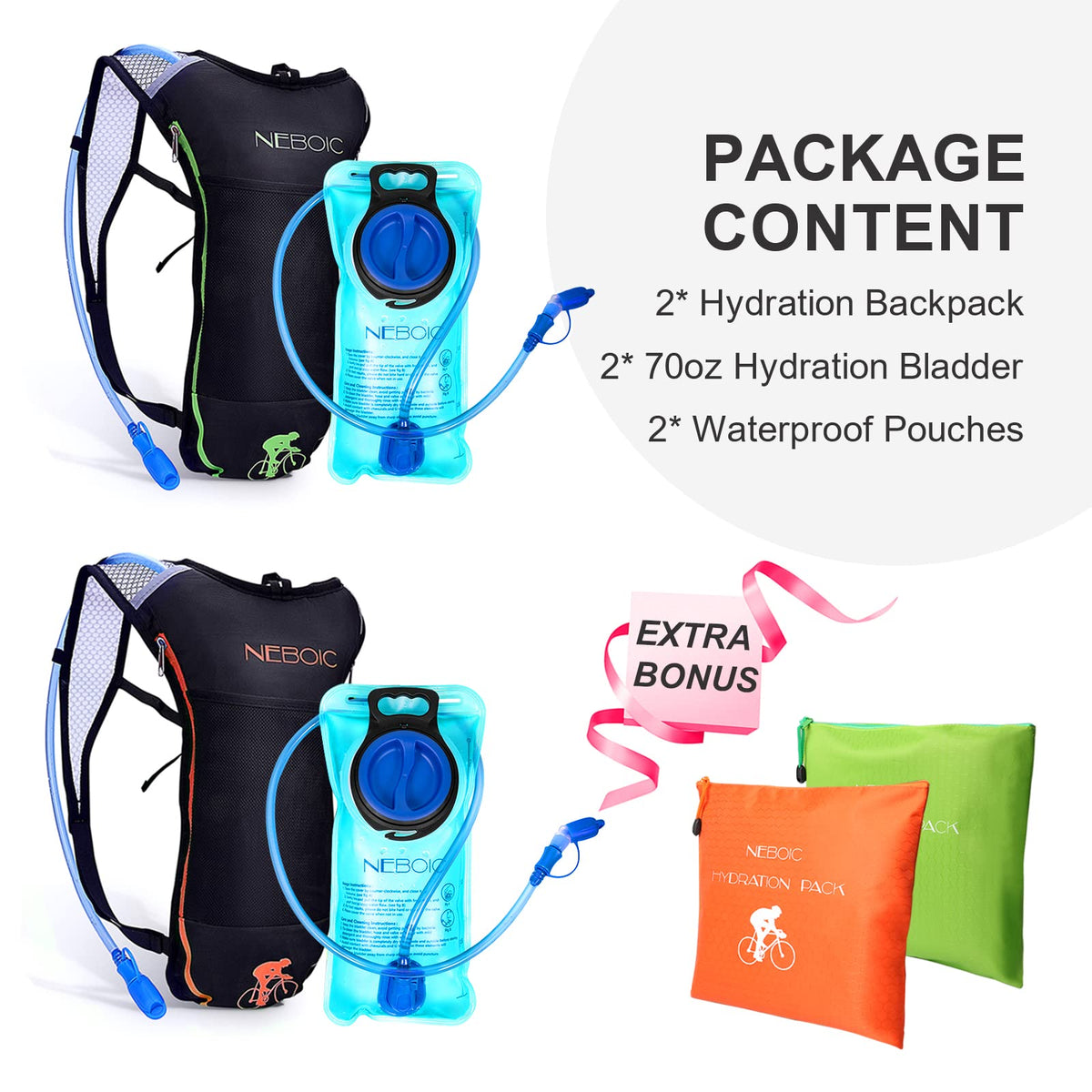 Neboic 2Pack Hydration Backpack Pack with 2L Hydration Bladder - Lightweight Water Backpack Keeps