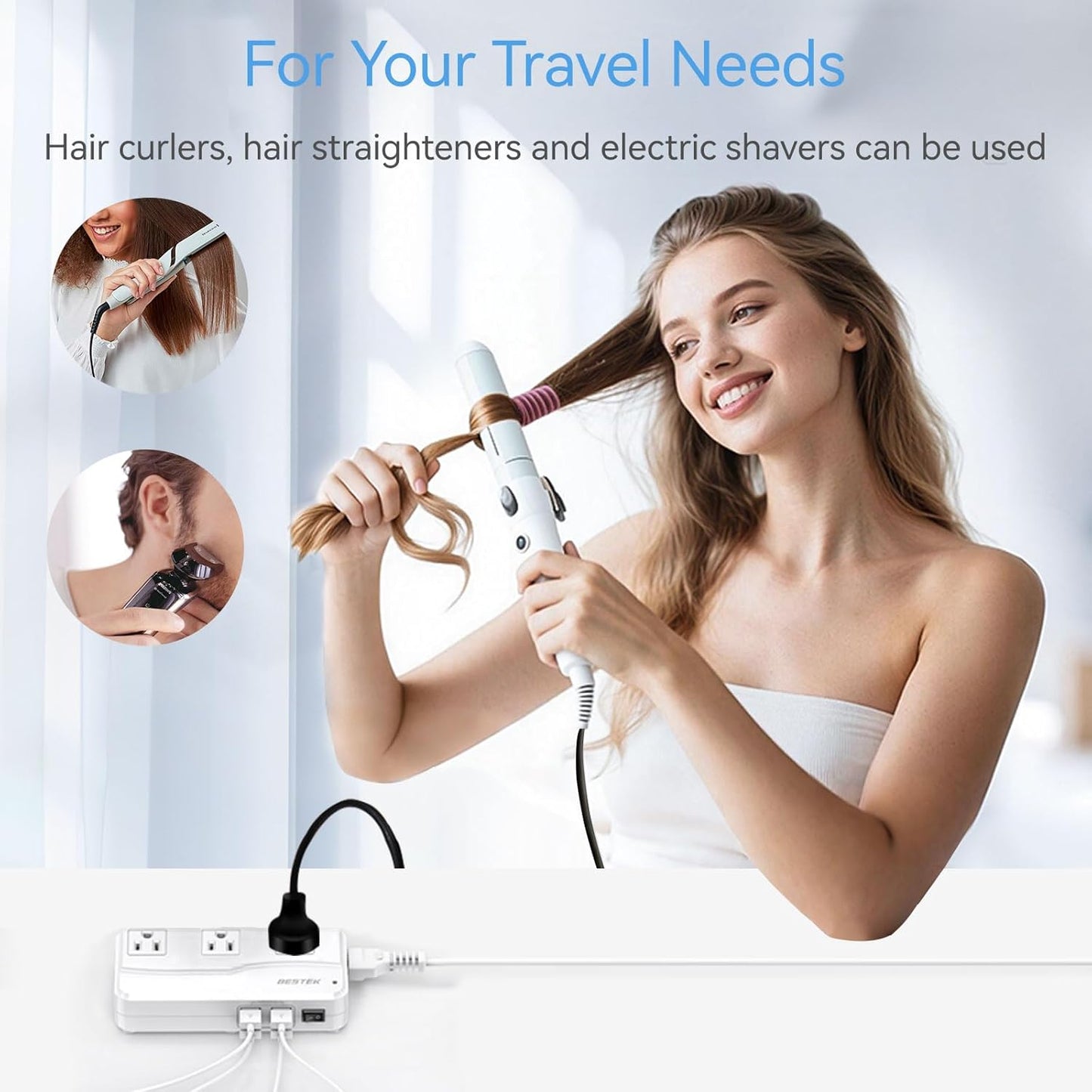 BESTEK Universal Travel Adapter 100-220V to 110V Voltage Converter 250W with 6A 4-Port USB Charging 3 AC Sockets and EU/UK/AU/US/India Worldwide Plug Adapter (03 UK Plug White)