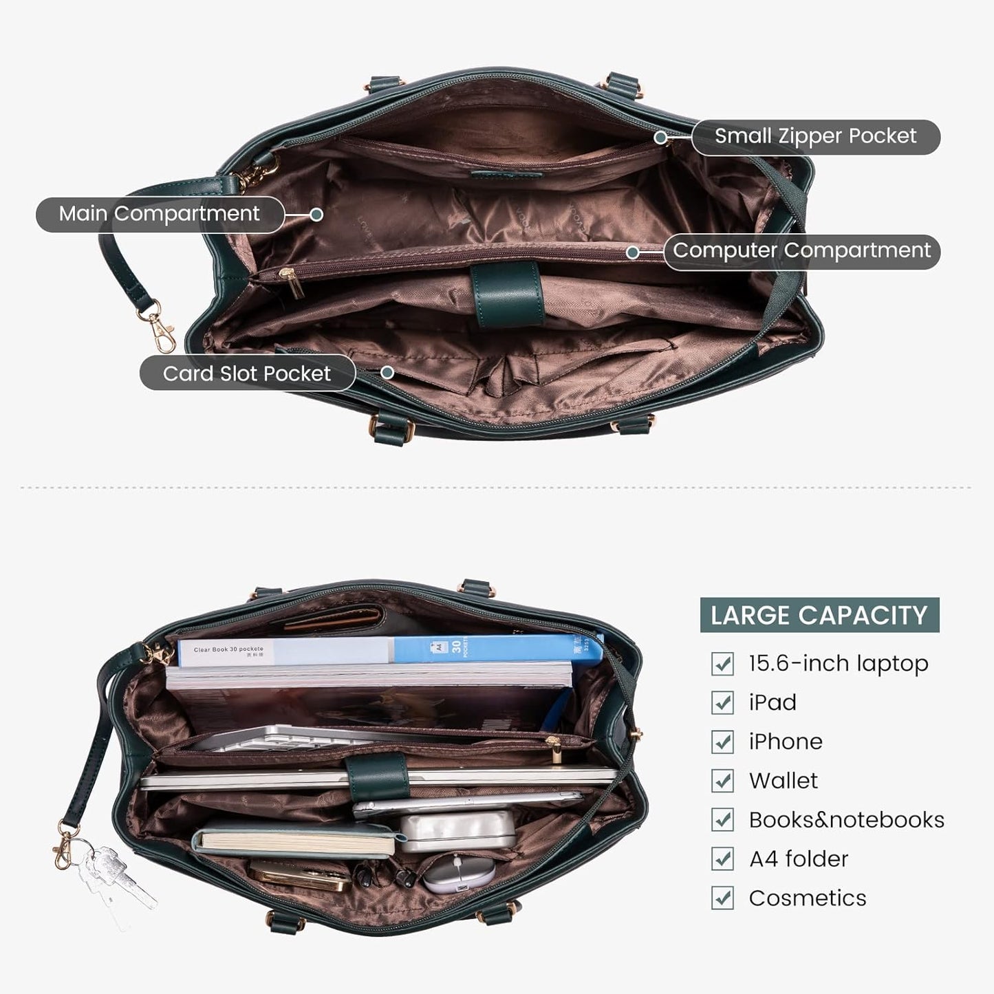 LOVEVOOK Laptop Bag for Women 15.6 Inch Tote Bags Waterproof Leather Briefcase Computer Women Business Office Work Bag,Green