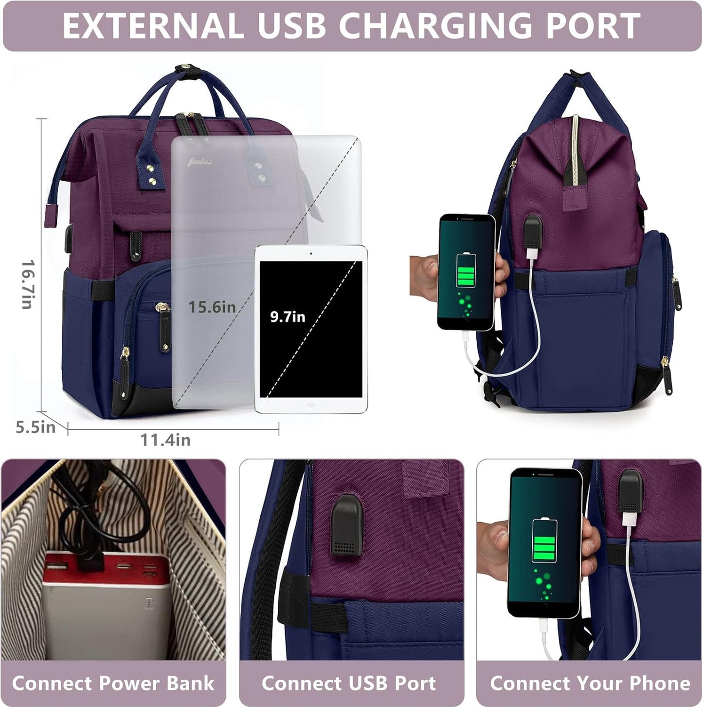 Laptop Backpack for Womem Work Bags: 15.6 Inch Travel BackPacks With USB Charging Port Anti Theft Fashion College BookBag Durable Back Pack Purse Bussiness Daypack for Nurse Teacher Purple Blue