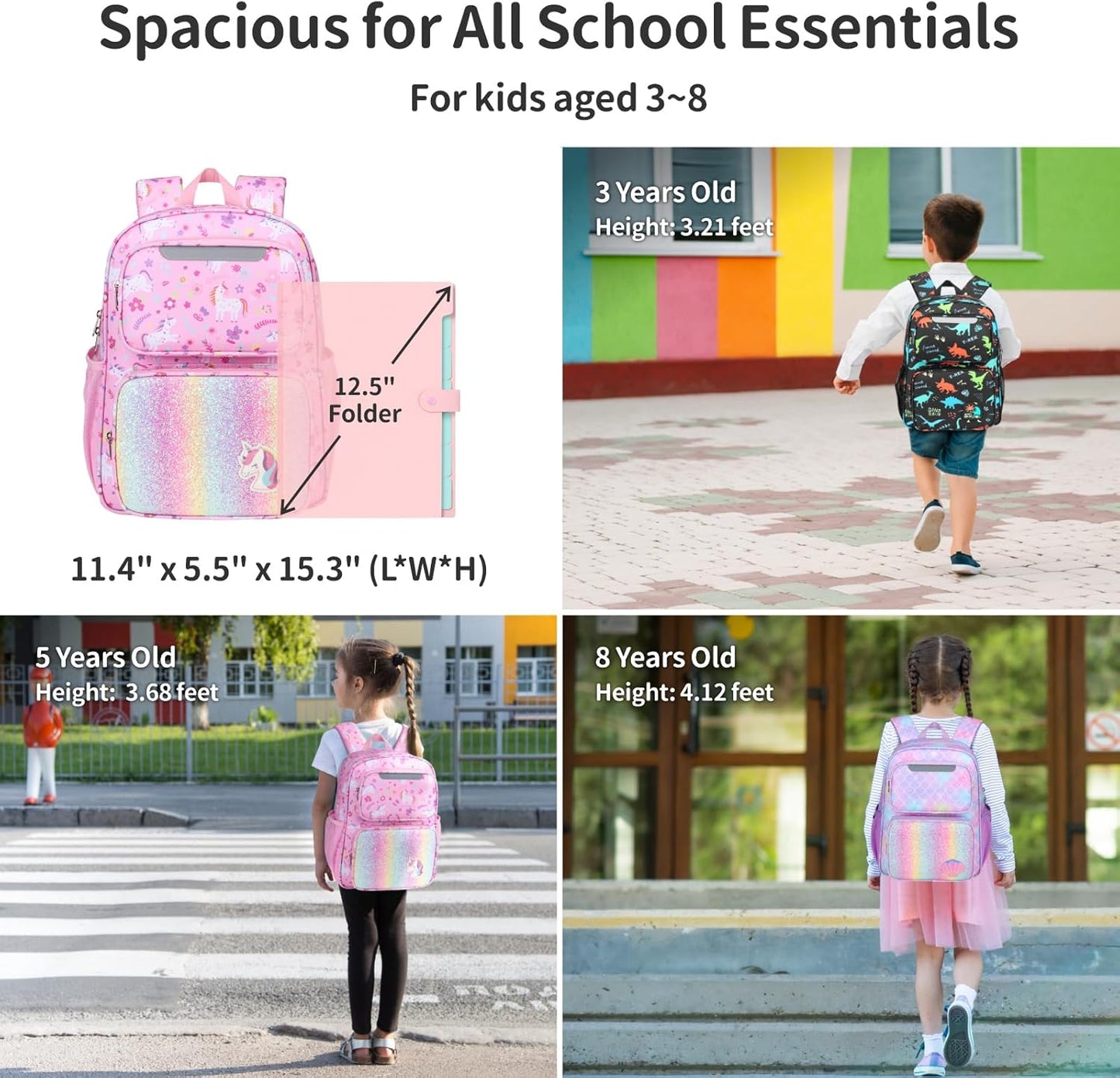2pcs Kids Backpack for Girls - 15 Inch Backpack for Kids 3 to 8, Lightweight Bookbag for Preschool Kindergarten Elementary School, Insulated Pocket, Pink Unicorn & Purple Mermaid