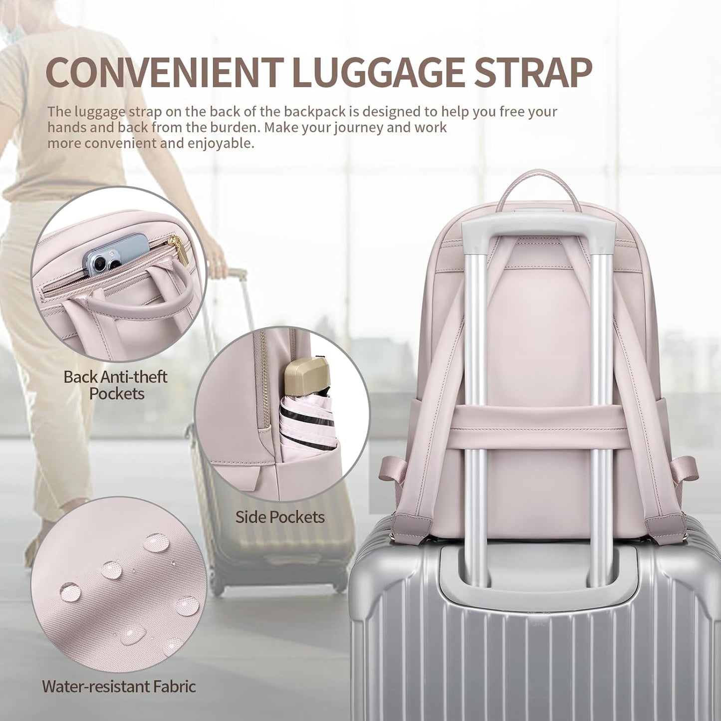 GOLF SUPAGS Laptop Backpack for Women Slim Computer Bag Work Travel College Backpack Purse Fits 14 Inch Notebook (Pinkish Gray)