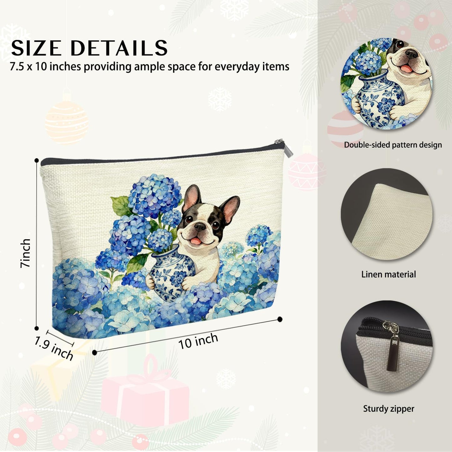 Chinoiserie Hydrangea French Bulldog Makeup Bag Gifts for Women, French Bulldog Lover Gifts Cosmetic Bag, Grandmillennial Floral Frenchie Dog Zipper Makeup Pouch Travel Toiletry Bag