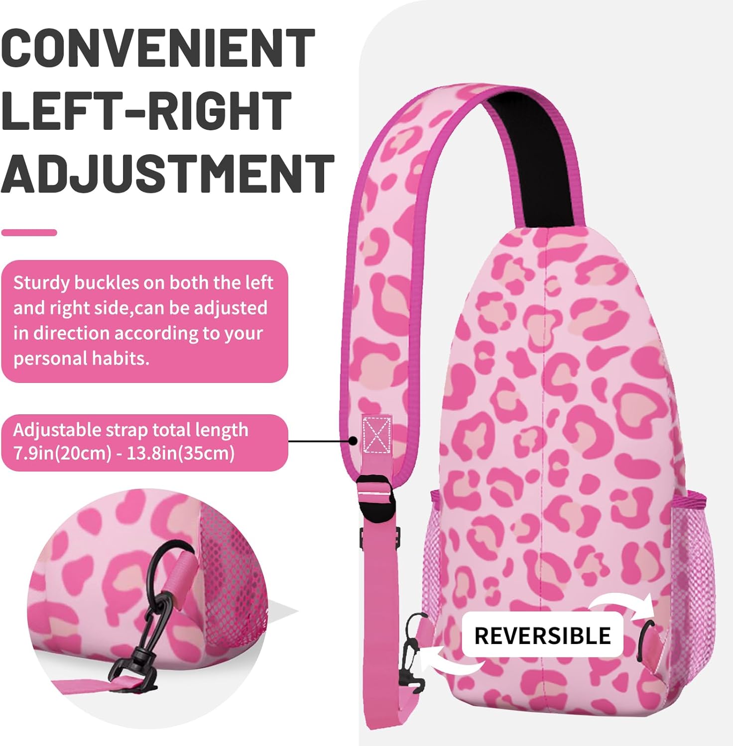 Pink Leopard Print Sling Bag Crossbody Chest Bag for Women Men, Water Resistant Lightweight Casual