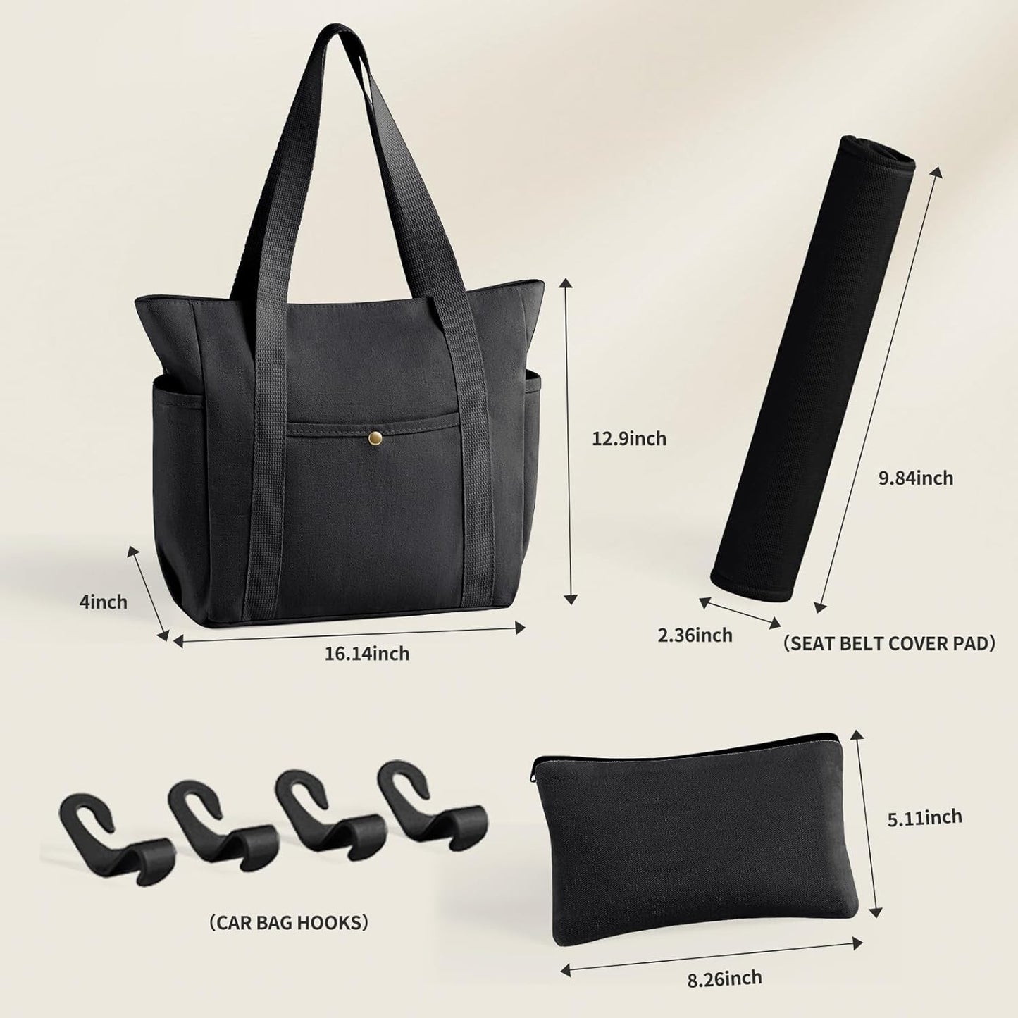 MeZQ Zippered Canvas Utility & Travel Tote Bag for Women - Multi-Pocket Compartments | car bag hooks,makeup bag,car hooks