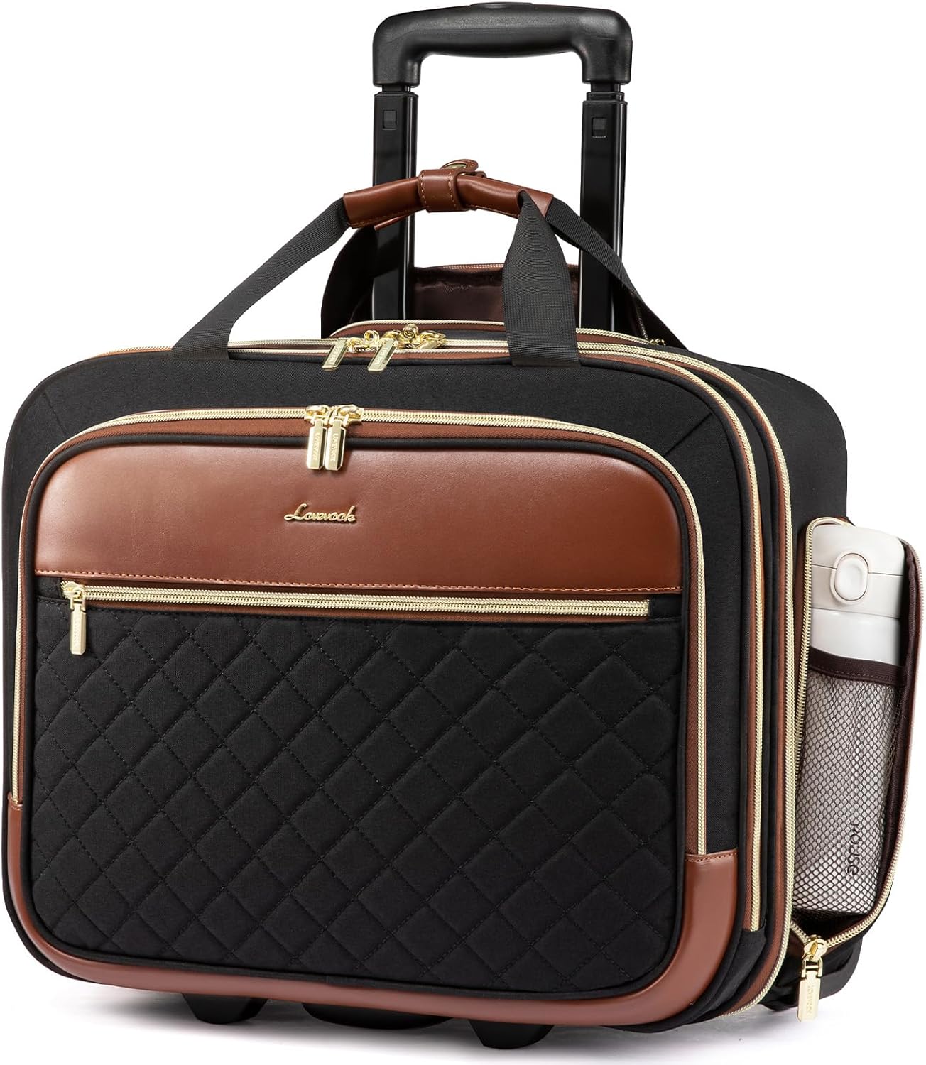 LOVEVOOK Rolling Laptop Bag Women, 17.3 Inch Laptop Briefcase with Wheels, Soft Sided Underseat Carry On Luggage Personal Item Suitcase for Work Travel Business, Black Brown
