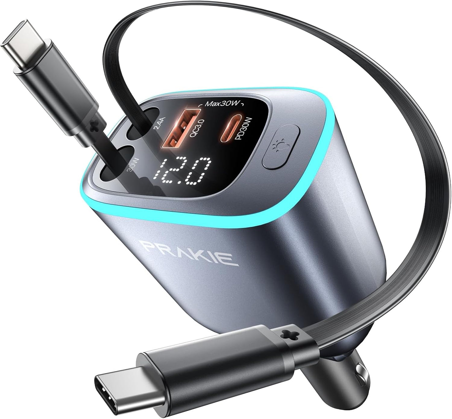 USB C Cable iPhone Car Charger, Retractable Fast USB C Phone Charger, Cigarette Lighter Adapter with 2 USBC Cables 30 Inch and 2 USB Ports, Multi Port Car Charging for iPhone 17/16/15/Pro Max-Gray