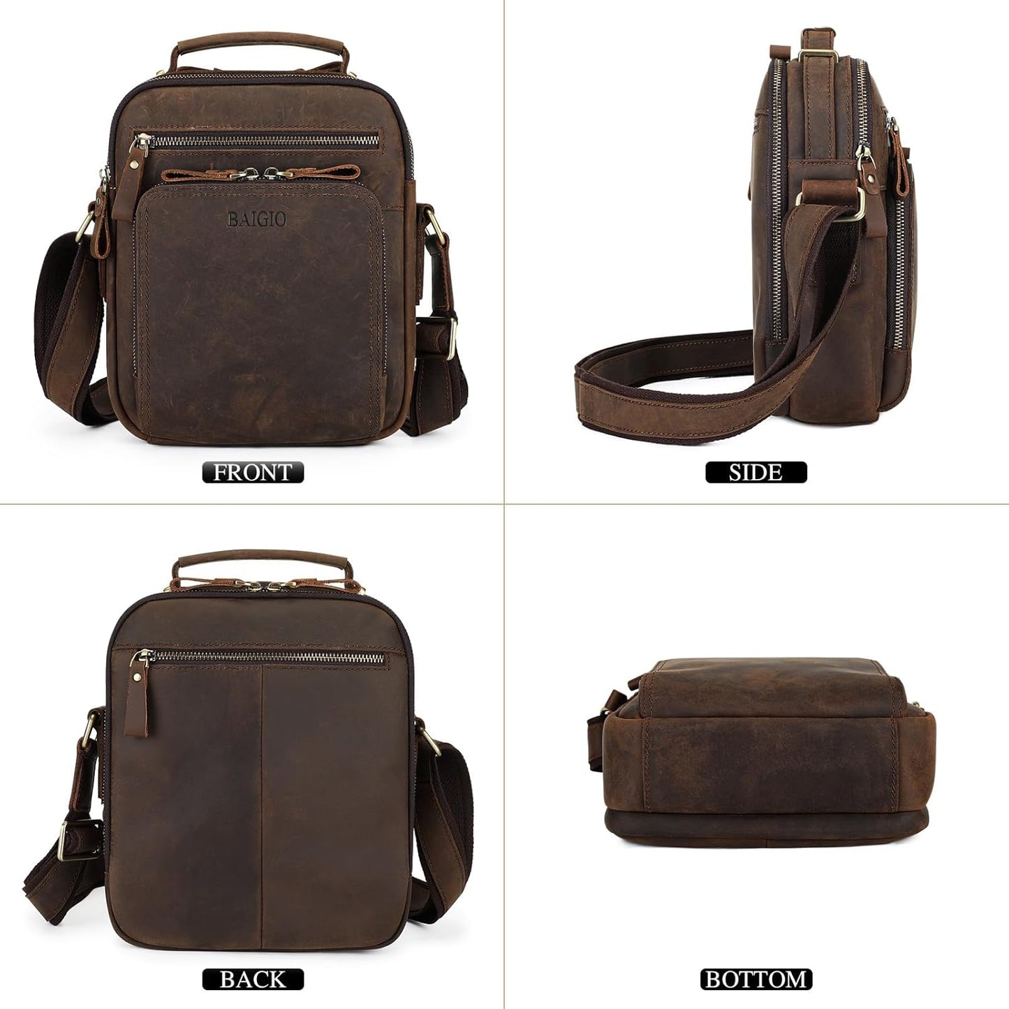 BAIGIO Small Leather Messenger Bag for Men Shoulder Bag Crossbody Vintage Handbag Man Purse for Ipad Travel Bussiness