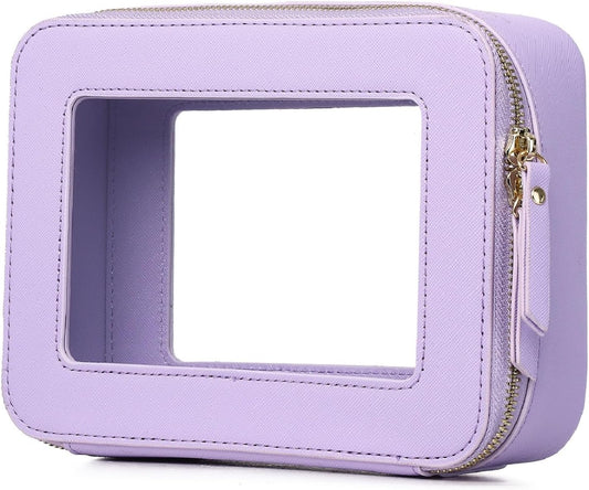 Clear Makeup Bag Women's Waterproof Travel Cosmetic Case and Toiletry Bag Portable Makeup Organizer Bag for Car with Zipper (Purple, M)