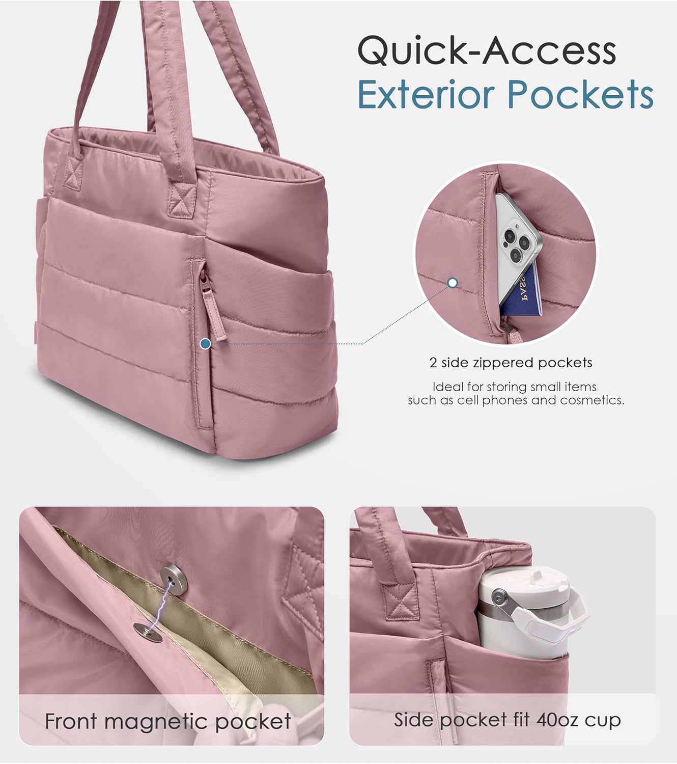 Tote Bag for Women with Zipper, Quilted Puffer Tote Bag with Compartments, Lightweight Puffy Work Bags for Women Travel