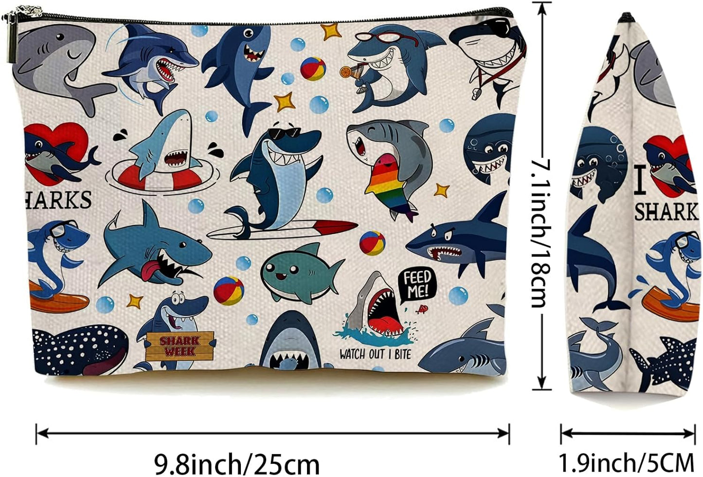 DOOX Blue Shark Makeup Bags with Lining, Funny Cosmetic Bags Pencil Pouch - Double-Sided Print - Cute Birthday & Christmas Gifts for Daughter, Sister, Women