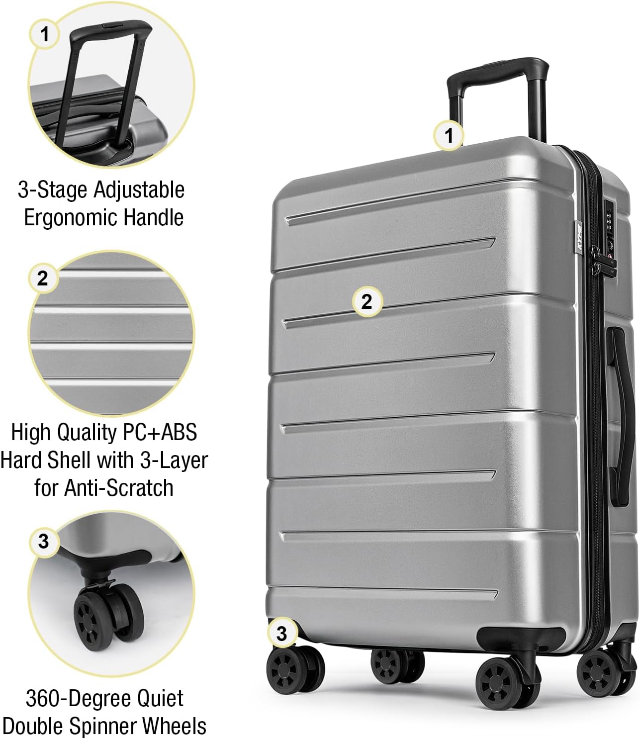 KYME Large Suitcases with Wheels Hardshell 28 Inch Luggage TSA Approved Big Checked Luggage Durable Travel Rolling Suitcase Women Men Silver Grey
