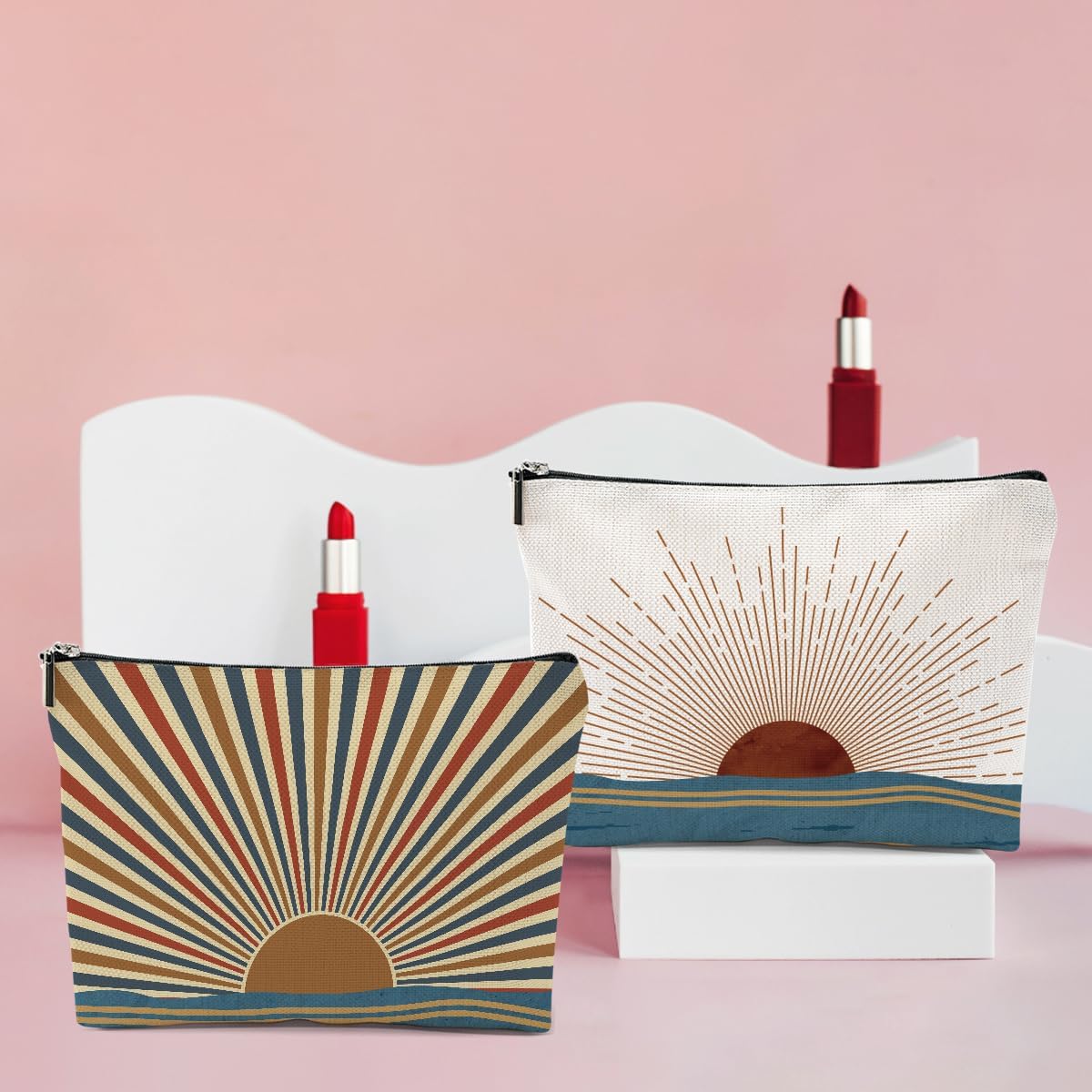 4PCS Sunshine Makeup Bag, Boho Gifts for Women, Natural Linen Zipper Pouch, Sunlight Rays Nature Best Sunshine Gifts for Girls Sister Travel Boho Cosmetic Bag