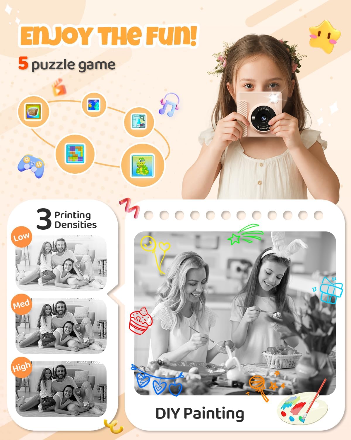 Kids Instant Print Camera, Christmas Birthday Gifts for Girls and Boys, 1080P HD Video Digital Kids Camera with Print Paper & 32G Card, Toddler Toy for 3-14 Years Old (Brown)