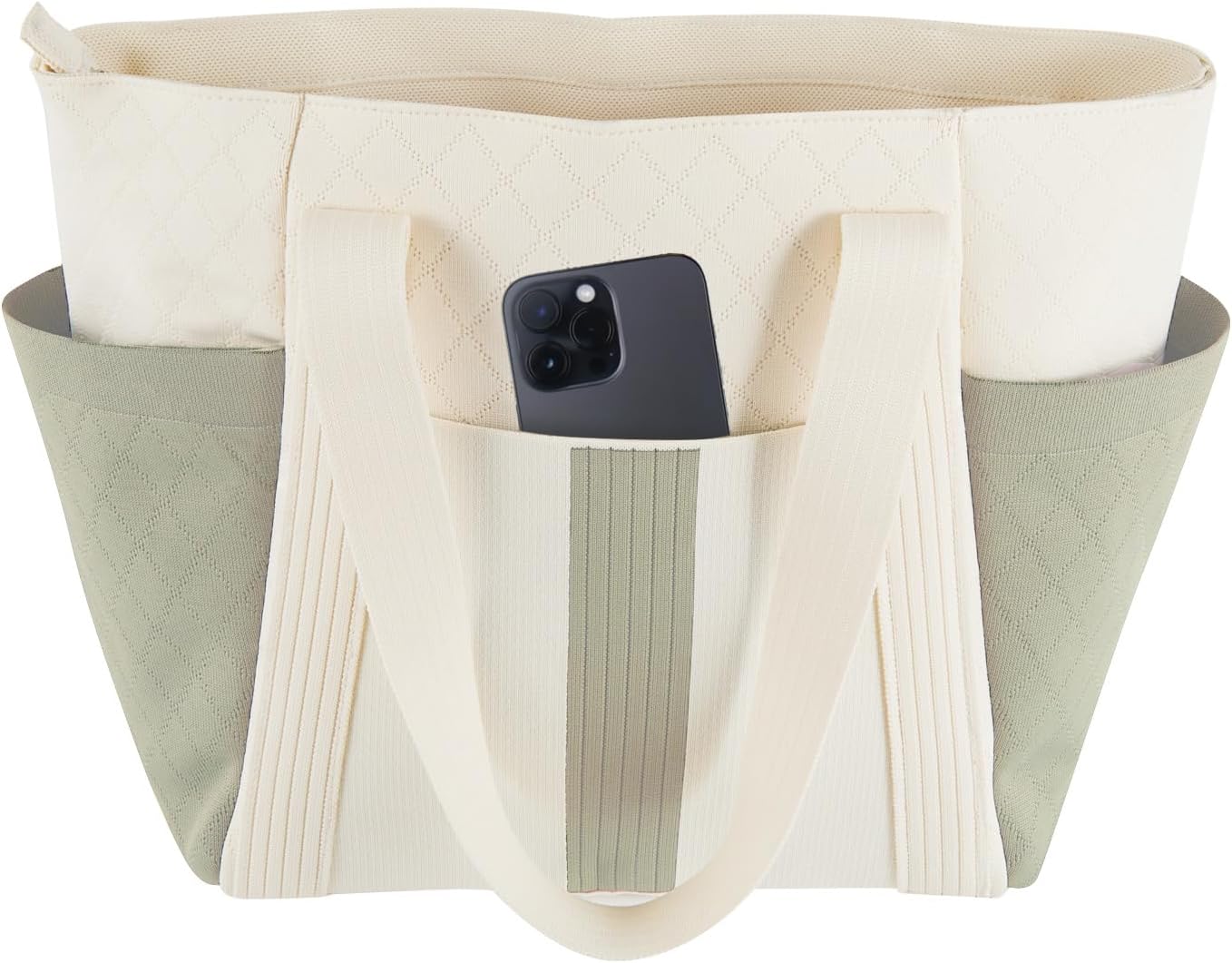 Large Canvas Tote Bag,White and Green, with Laptop Sleeve and Multiple Pockets