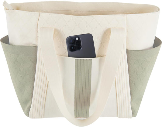 Large Canvas Tote Bag,White and Green, with Laptop Sleeve and Multiple Pockets