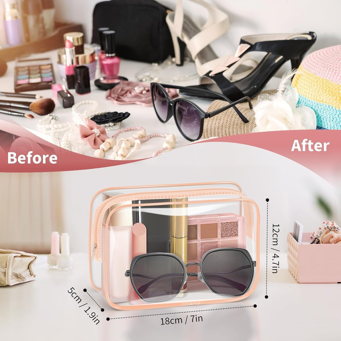 TISRATOK 12 PCS Clear Makeup Bag for Women with Zipper, TSA Approved Toiletry Pouch, Cosmetic Bag