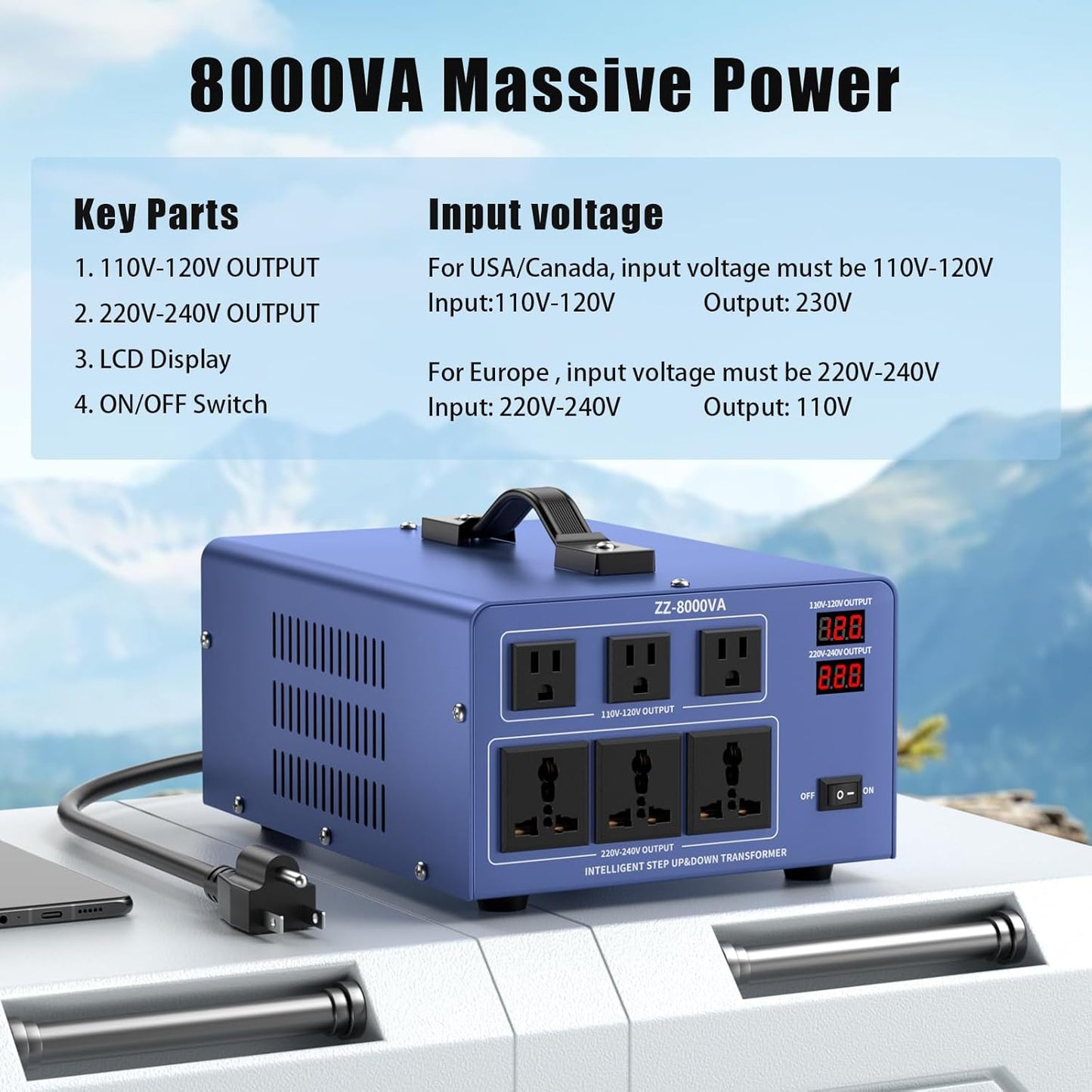 8000W Voltage Converter Auto Transformer,110/120/220/240V Heavy Duty Step Up/Down Power Converter Transformer with 3 US Outlets,3 Universal Outlets, LCD Display,Resettable Circuit Breaker Protection