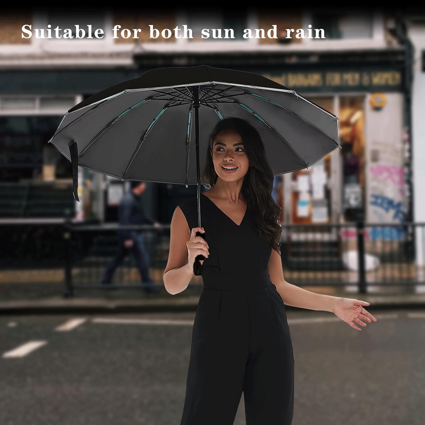 Large Double-Ribs Umbrella Automatic Folding Umbrella for Women Men, Travel, UPF 50+ UV Protection,46-Inch, 12 Ribs, Light Green